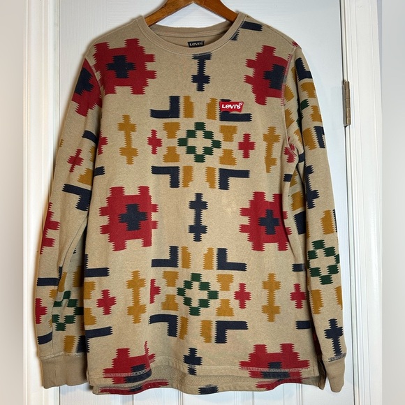 Levi's Estela Print Long Sleeve Crew Fleece Sweater Western Mens Medium Khaki - Picture 1 of 12